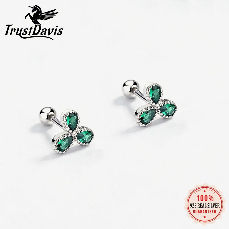Flower Green CZ Beads Screw Stud Earrings DA2383