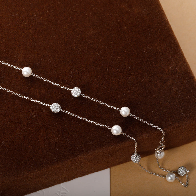 TrustDavis Real 925 Sterling Silver Pearl Ball CZ Tassel Choker Necklace For Women Gift Fine Jewelry DA2337