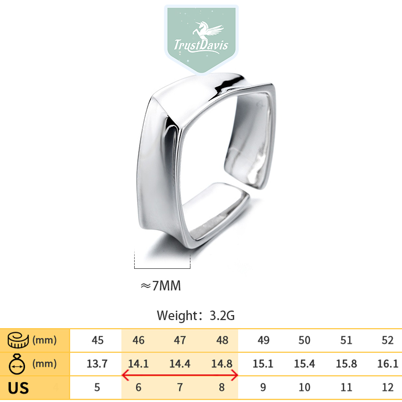 TrustDavis Real 925 Sterling Silver Fashionable Simple Wide-faced Square Open Ring for Women Girls Fine Jewelry Gift DS4775