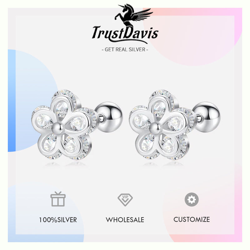 Flower Shiny CZ Bead Screw Stud Earrings DA2960
