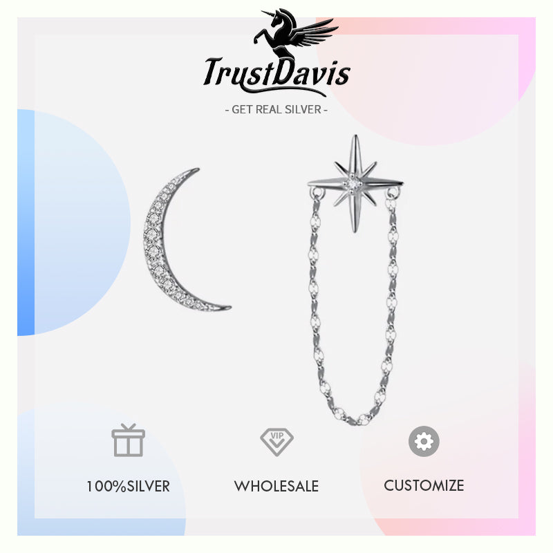 Fashion Asymmetric Moon Star Chain Stud Earrings DS1125