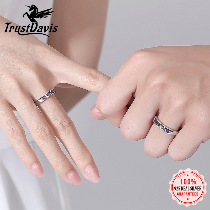 TrustDavis S925 Solid Sterling Silver Men's and Women's Sun and Moon Couple Rings for Women Grils Party Jewelry Wholesale DS4774