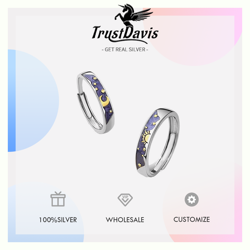 TrustDavis S925 Solid Sterling Silver Men's and Women's Sun and Moon Couple Rings for Women Grils Party Jewelry Wholesale DS4774