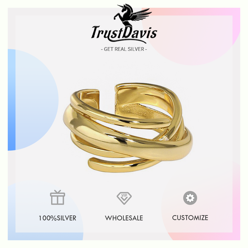 TrustDavis Real 925 Sterling Silver Vintage Multi-layered Irregular Faceted Open Ring for Women Girls Fine Jewelry Gift DS4776