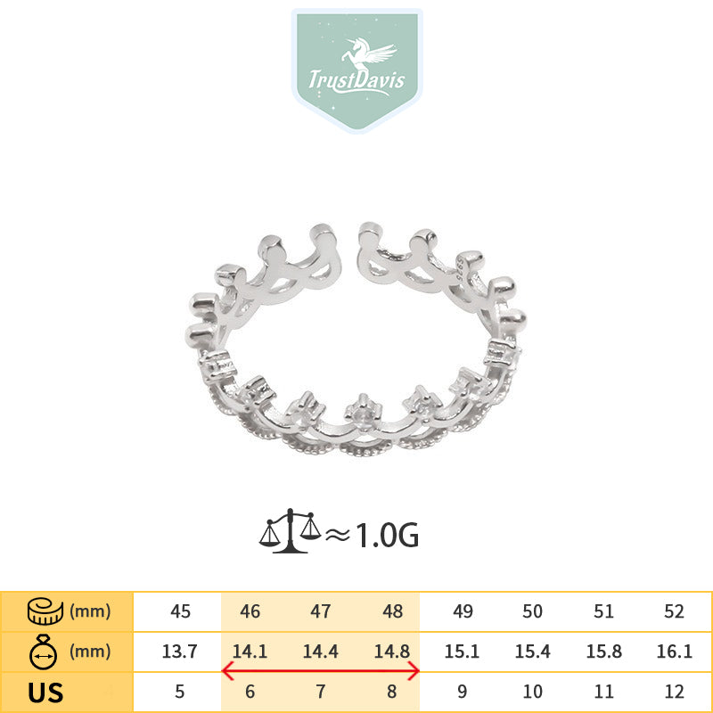TrustDavis 925 Sterling Silver Fashionable and Luxurious Crown Open Ring for Women Girls Jewelry Gift DS4795
