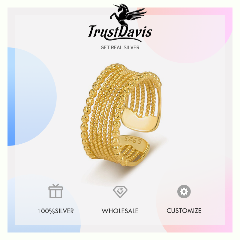 TrustDavis Real 925 Sterling Silver Fashionable and Minimalist Wide-faced Woven Adjustable Ring for Women Girls Fine Jewelry Gift DS4782