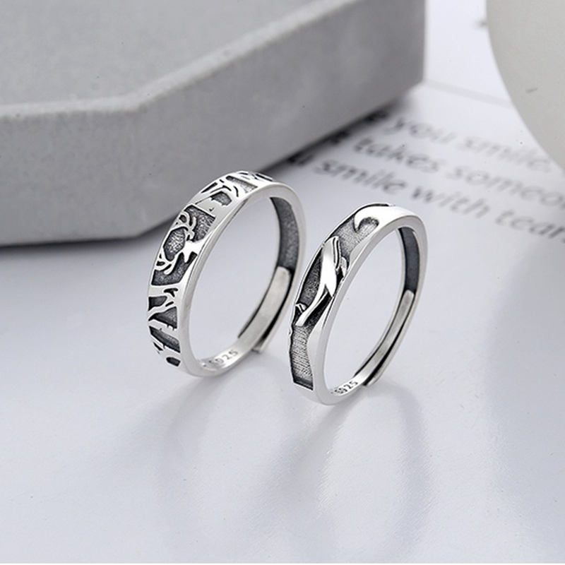 TrustDavis Real 925 Sterling Silver Fresh and Natural Style Whale and Deer Couple Rings with Open Top for Women/Men Girls Fine Jewelry Gift DS4781