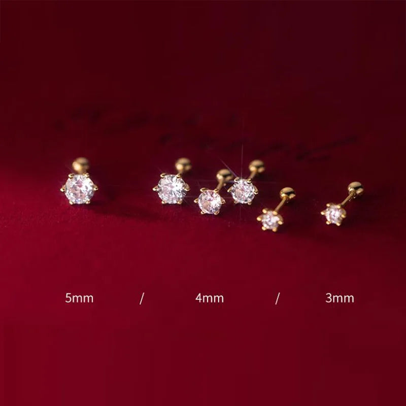 Fashion Gold Six Claw 3/4/5mm CZ Screw Stud Earrings DA2712