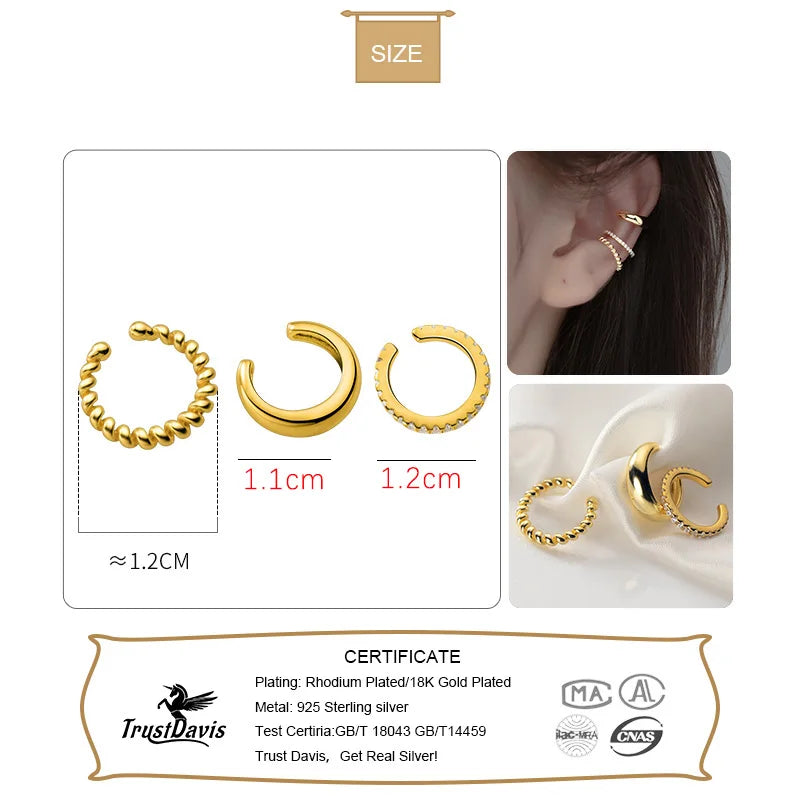 TrustDavis 1Pcs Real 925 Sterling Silver Sweet Twist Smooth Surface CZ Clip Earrings For Women Without Piercing Jewelry DA2483