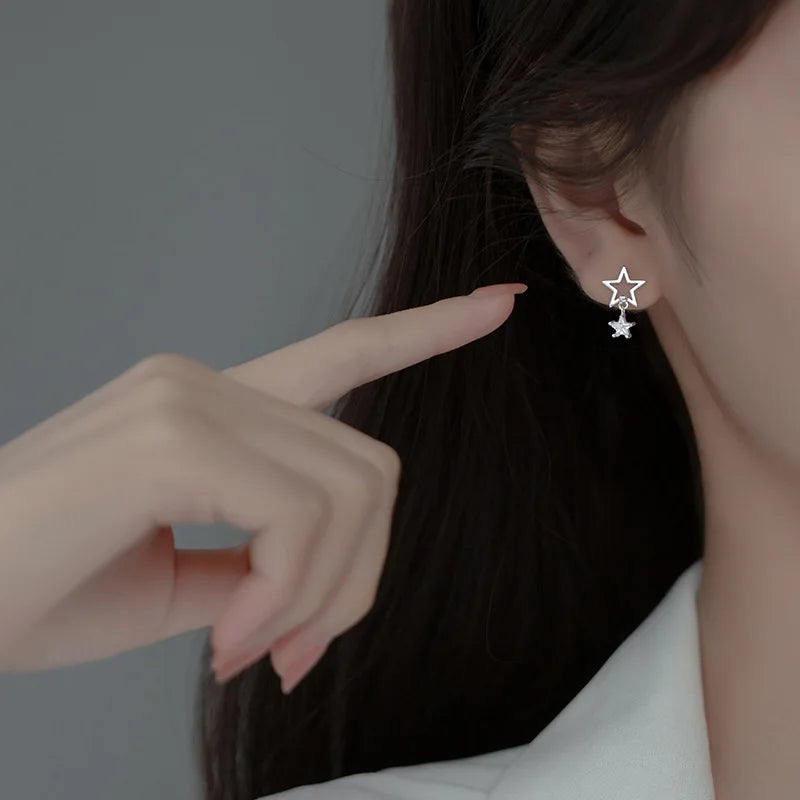 Trustdavis Real 925 Sterling Silver Fashion Sweet Asymmetric Star CZ Dangle Stud Earrings For Women Wedding Party Jewelry DA2685