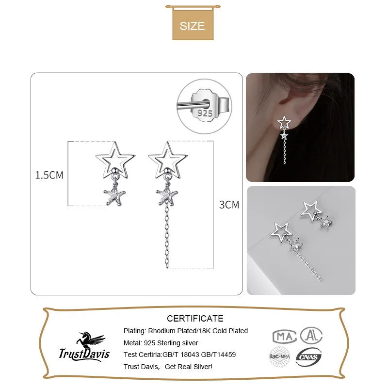 Trustdavis Real 925 Sterling Silver Fashion Sweet Asymmetric Star CZ Dangle Stud Earrings For Women Wedding Party Jewelry DA2685