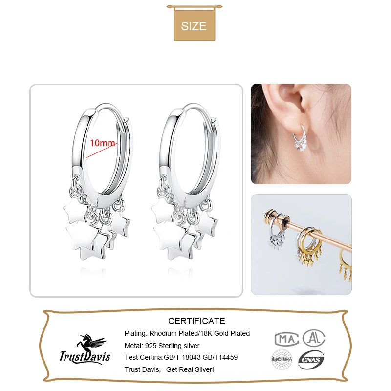 TrustDavis Original 925 Silver Earrings Star Tassel Charm Hoop Earring For Women Wedding 925 Sterling Silver Jewelry Gift DS1104