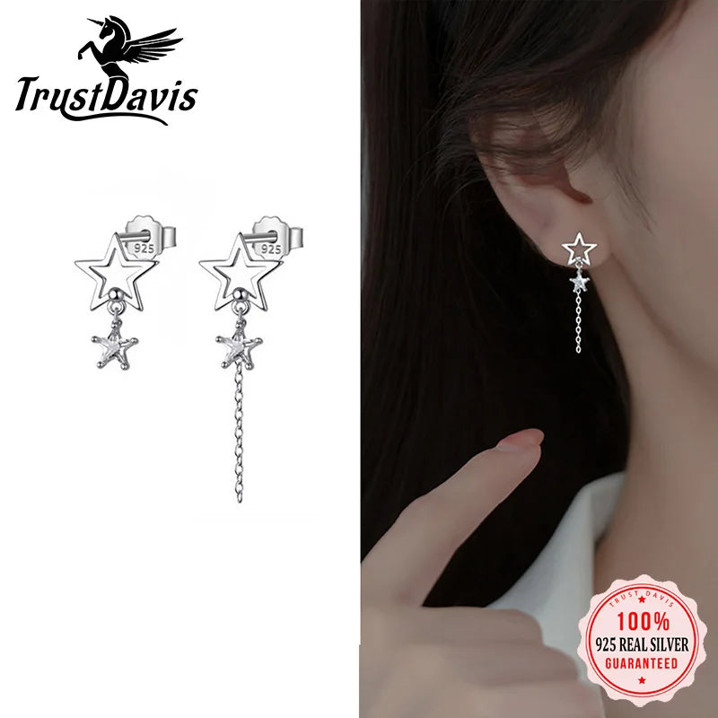 Trustdavis Real 925 Sterling Silver Fashion Sweet Asymmetric Star CZ Dangle Stud Earrings For Women Wedding Party Jewelry DA2685