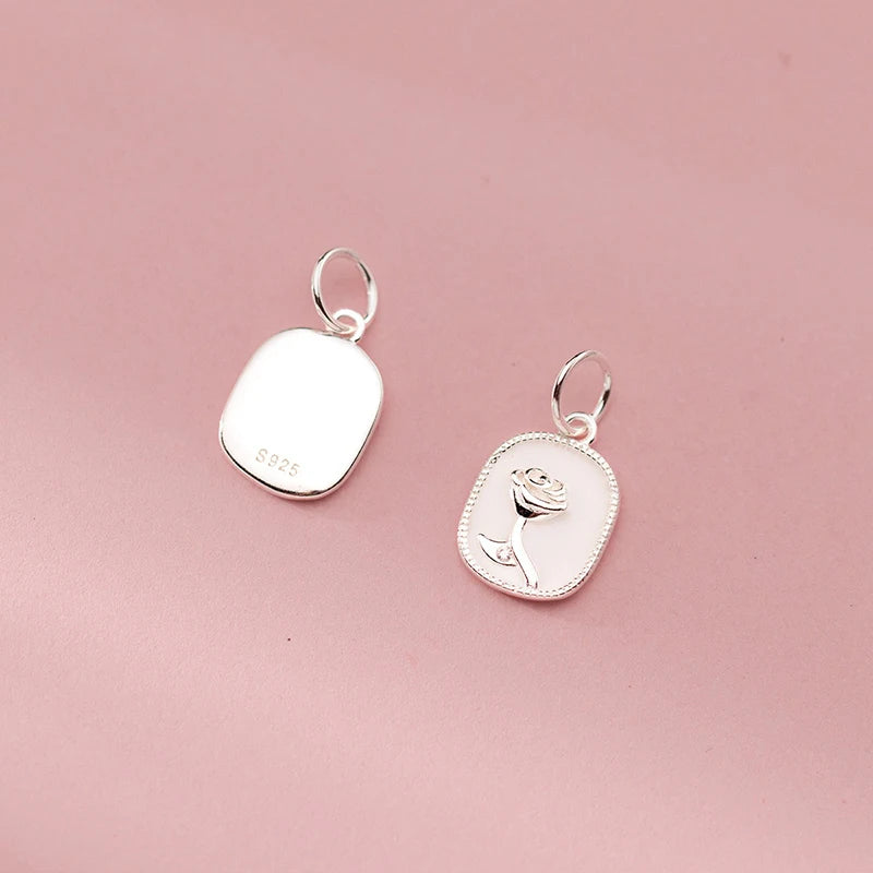 TrustDavis Real 925 Sterling Silver Fashion Geometric White Rose Charm Pendant Handmade DIY Accessories Wholesale DZ1709