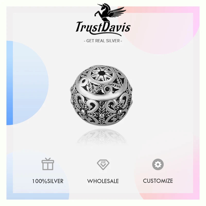 TrustDavis Real 925 Sterling Silver Retro Round Pattern Charm Interval Bead DIY Fit Necklace Bracelet Accessories Jewelry DZ693