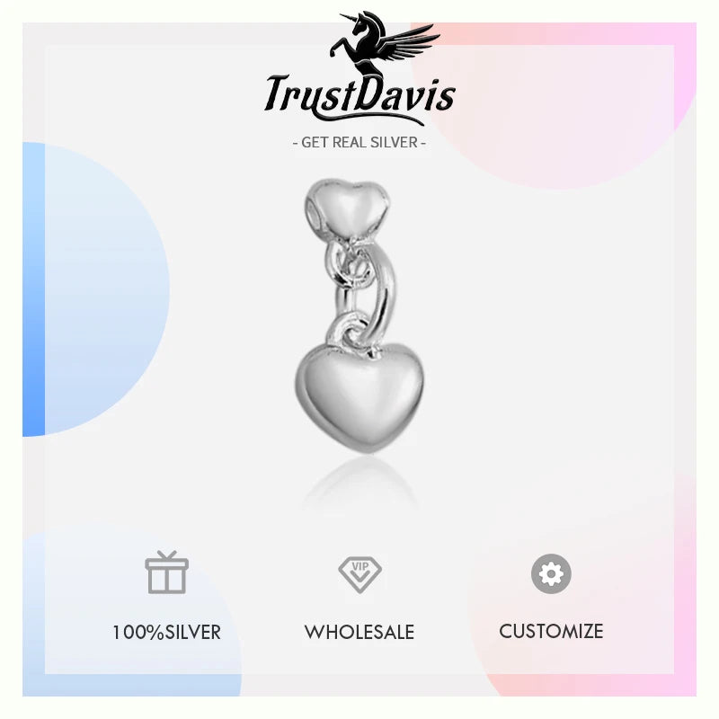 TrustDavis New Real 925 Sterling Silver Fashion Romantic Hearts Charm Pendant Handmade DIY Accessories Wholesale DZ1720
