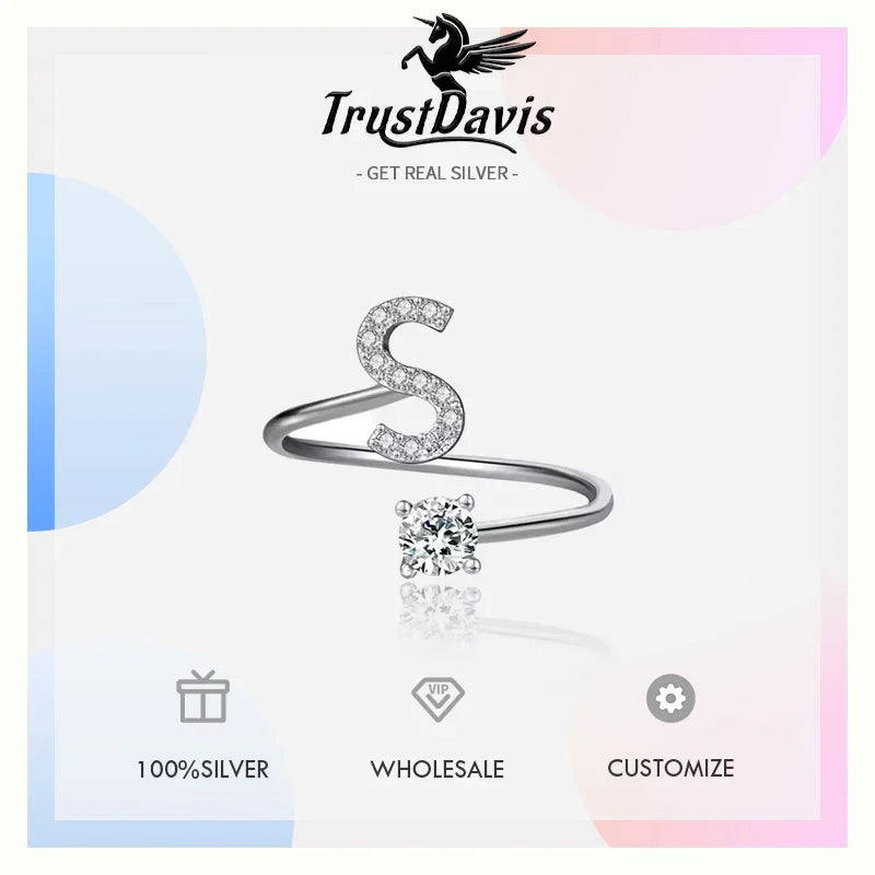 TrustDavis Real 925 Sterling Silver Rings For Women Wedding Party Jewelry 26 Letter Clear CZ Opening Ring Fine Jewelry DA3121