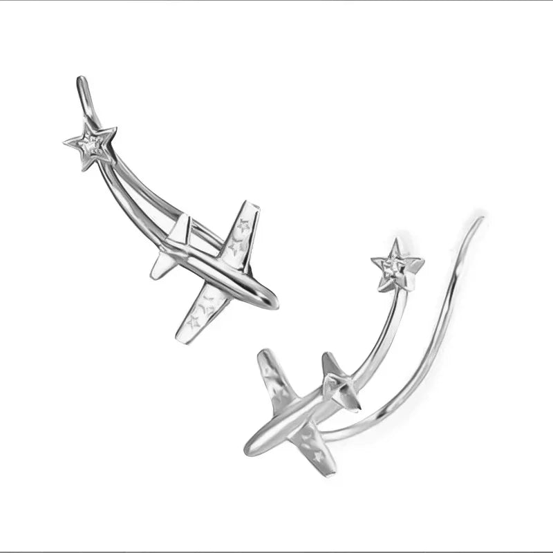 Real 925 Sterling Silver Fashion Plane Star Ear Hook Charm Stud Earrings H072