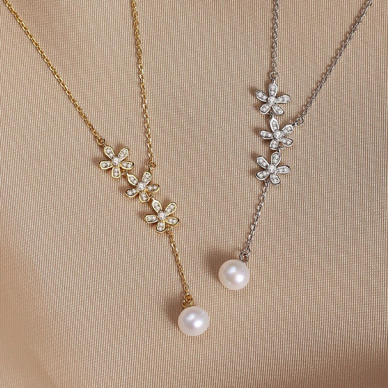 TrustDavis 925 Sterling Silver Women's Necklace Fashion Simple Flower Pearl Necklace for Women Girls Jewelry Gift DS4450