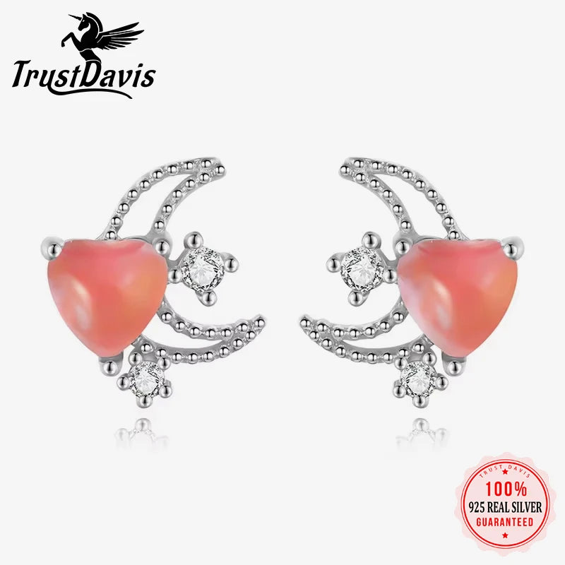 TrustDavis Genuine 925 Sterling Silver Sweet Moon Heart CZ Screw Stud Earrings for Daughter Children Birthday Jewelry DS4151