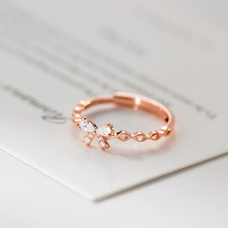 TrustDavis Real 925 Sterling Silver Ring Fashion Charm Bow Zirconi Ring for Women Adjustable Ring Fine Jewelry for Her DS4165