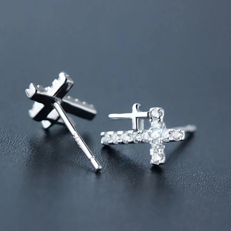 925 Sterling Silver Fahion Sweet Cross Dazzling Charm Stud Earrings DS258