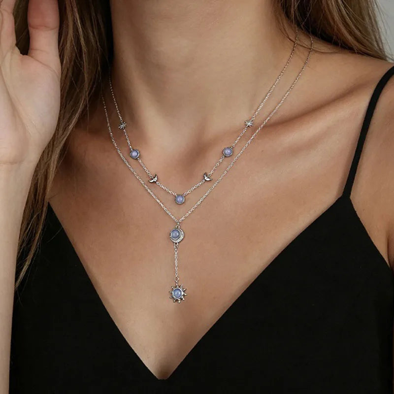 Sun Moon Star Moonstone Necklace DS4919