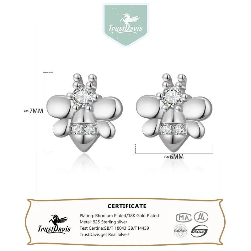 TrustDavis Real 925 Sterling Silver Insects Bee Rabbit Screw Stud Earrings Women Daughter Birthday Party Gift Jewelry DS4388