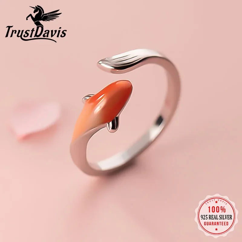TrustDavis New 925 Sterling Silver Jewelry Opening Rings Size Fish Cocktail Ring Gift For Women S925 Ring Jewelry DD1004