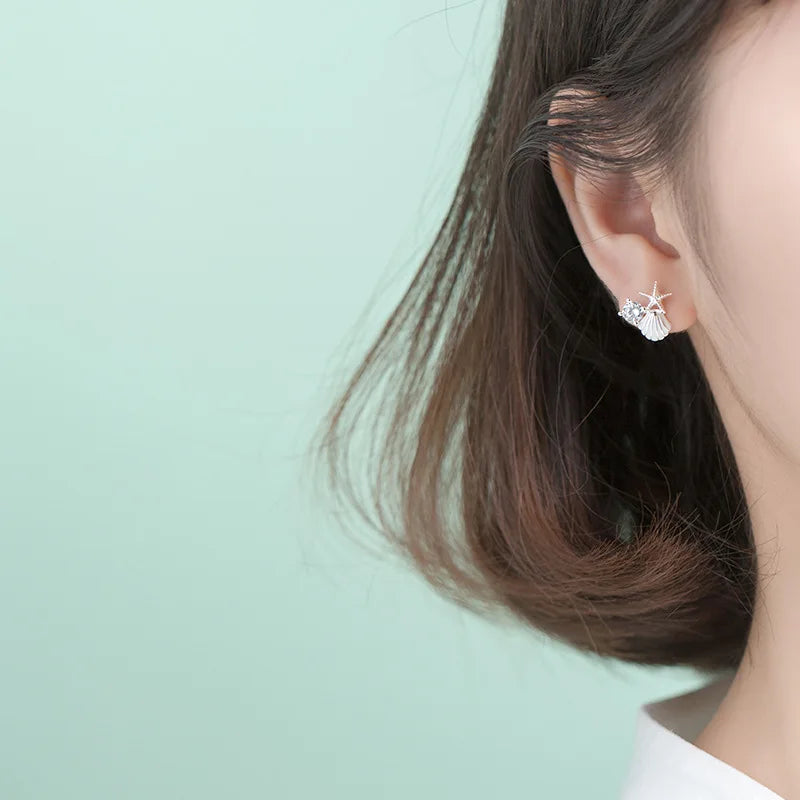 Trustdavis Genuine 925 Sterling Silver Fashion Asymmetric Starfish Shells Stud Earrings For Women Wedding Party Jewelry DA1235