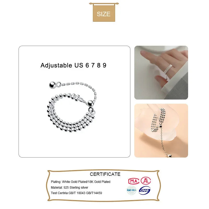 TrustDavis Real 925 Sterling Silver Fashion Three Layers Beads Chain Ring Sizable For Women Wedding Party Fine Jewelry DB996