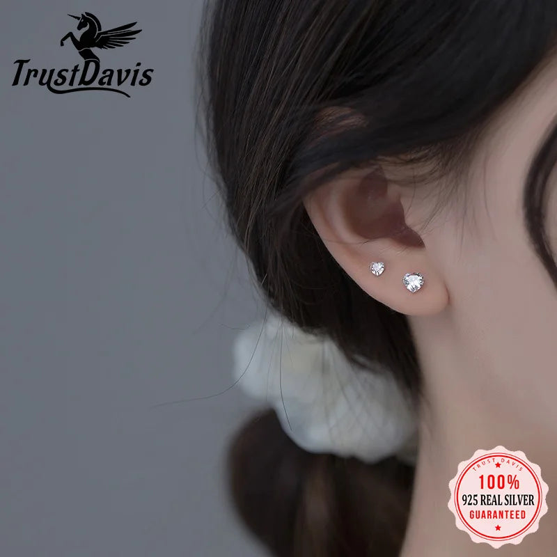 TrustDavis 925 Sterling Silver Simple and Stylish Heart Shape Cz Stud Earrings Gift for Women Fine Jewelry for Her DS4168