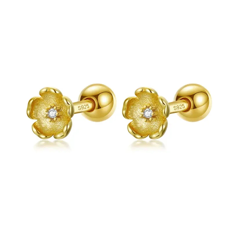 Flower Shiny CZ Bead Screw Stud Earrings For Women Wedding Fine Jewelry DA2491