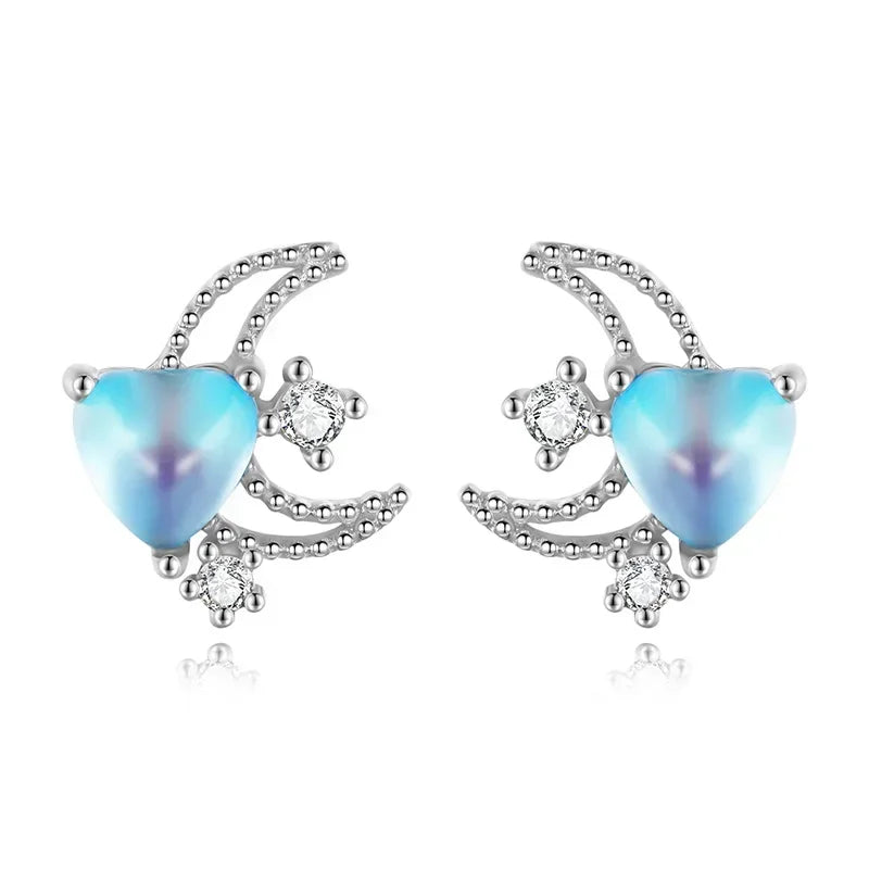 TrustDavis Genuine 925 Sterling Silver Sweet Moon Heart CZ Screw Stud Earrings for Daughter Children Birthday Jewelry DS4151