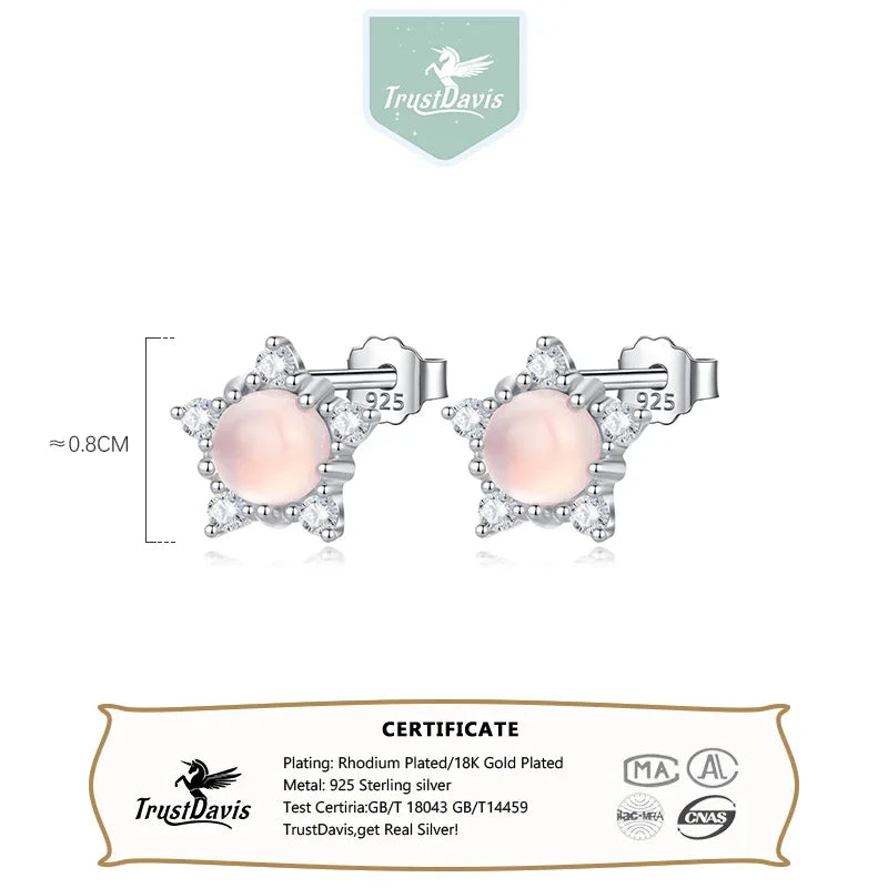 Real 925 Sterling Silver Pink Cat's Eye Star Stud Earrings DA2974
