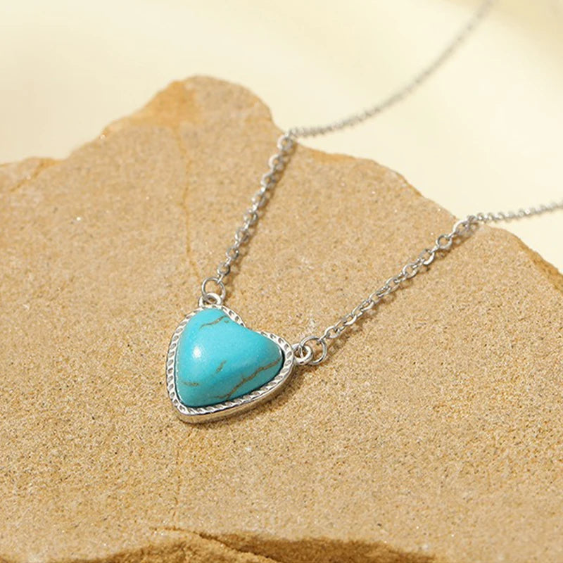 TrustDavis 925 Sterling Silver Women's Fashion Simple Turquoise Heart Pendant Necklace for Women Girls Jewelry Gift DS4427
