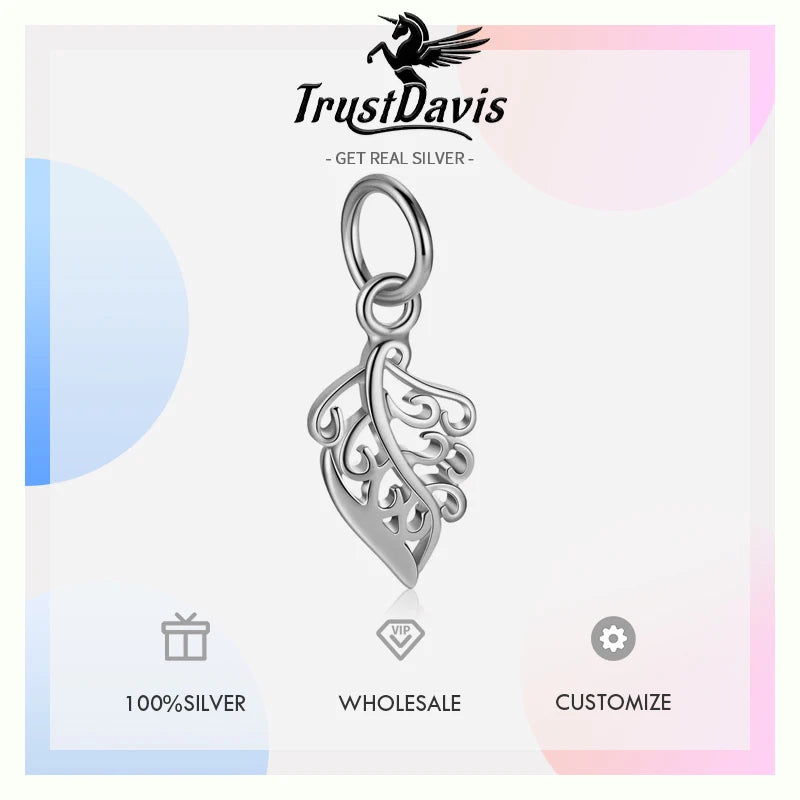 TrustDavis Real 925 Sterling Silver Cute Hollow Leaf Charm Pendant for Women Kids Handmade DIY Accessories Jewelry DH0048