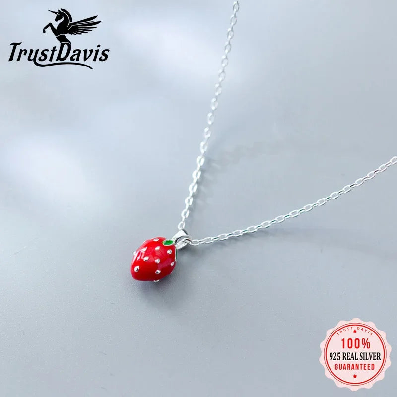 TrustDavis Women's Fashion 925 Sterling Silver Jewelry Cute Strawberry Pendant Short Necklace Cute Gift Girls Lady DS513