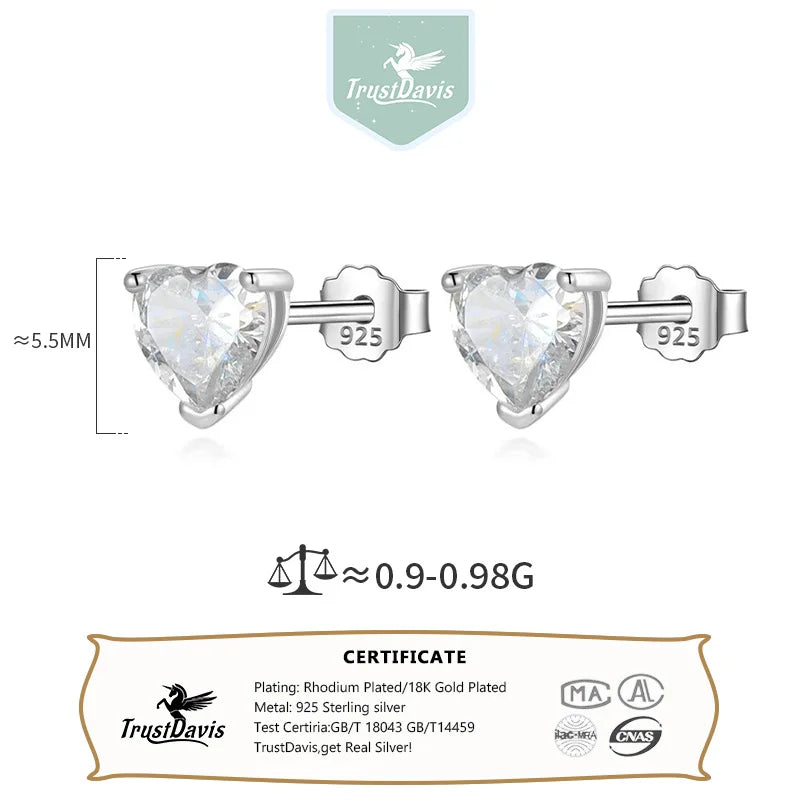 TrustDavis 2024 Real 925 Sterling Silver Colorful Heart-shaped Zircon Stud Earrings For Women Wedding Fine 925 Jewelry DS4497