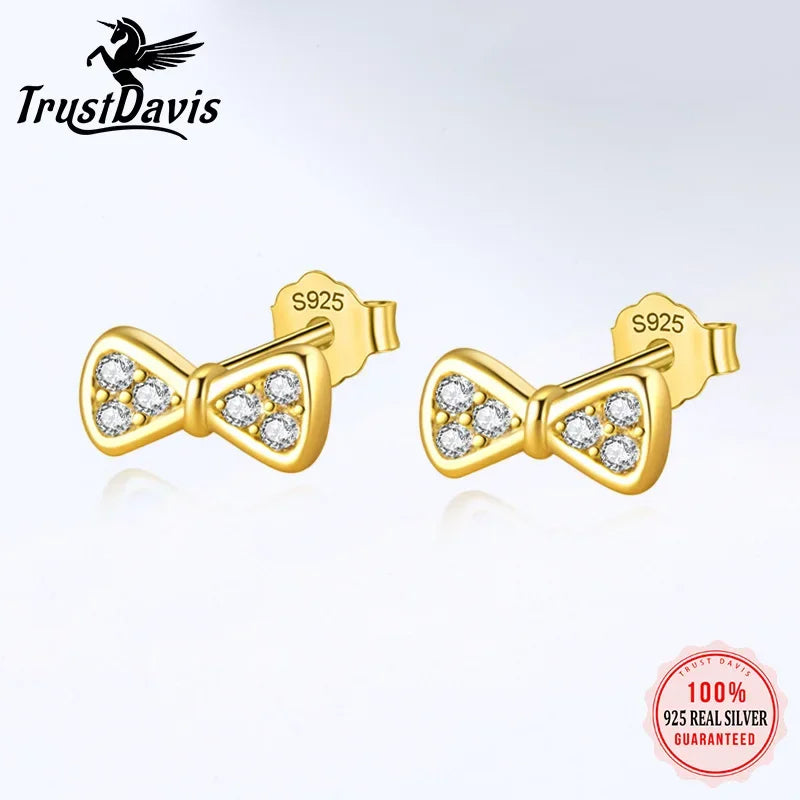 TrustDavis Real 925 Sterling Silver Girls Birthday Gift Earring Jewelry Sweet Bowkont Zircon Stud Earrings for Xmas DS3502
