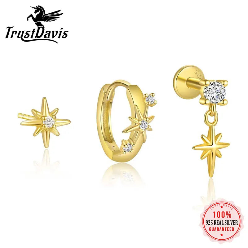 TrustDavis Real 925 Sterling Silver Fashion Simple Eight-pointed Star Earrings for Women Wedding Birthday Fine Jewelry DS4199