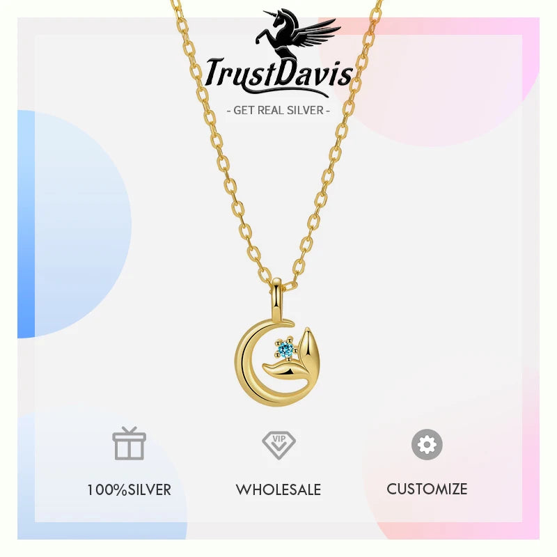 TrustDavis Plata de Ley 925 auténtica moda mujer Simple cola de pez collar de circón azul para mujeres niñas regalo joyería DS4237