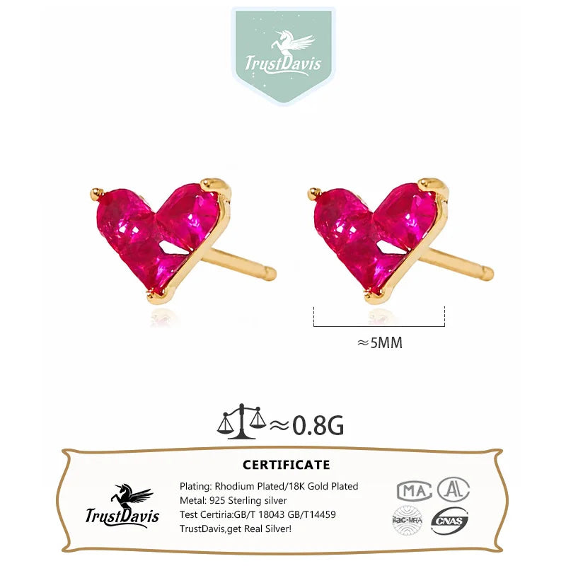 Real 925 Sterling Silver Heart Red Zircon Stud Earrings DS4953