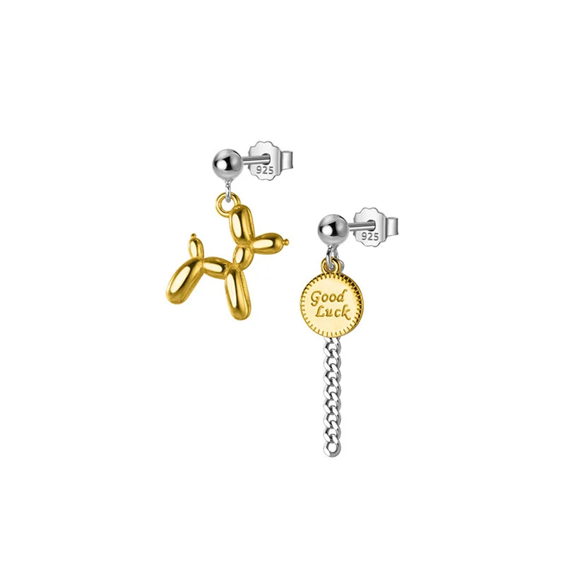 TrustDavis Real 925 Sterling Silver Earrings Asymmetric Balloon Dog Chian Stud Earrings For Women Wedding Party Jewelry DA2662