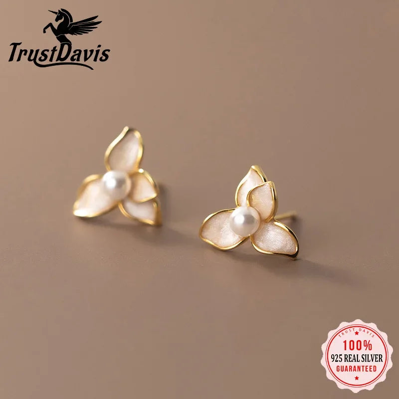 TrustDavis Real 925 Sterling Silver Sweet 18k Gold Flower Synthesis Pearl Stud Earrings For Fashion Women Gift Jewelry DE0316