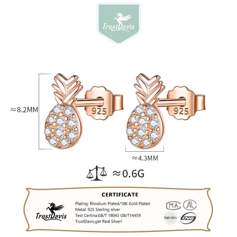 TrustDavis Fashion Real 925 Sterling Silver Sweet Cute Fruit Pineapple Stud Earrings For Women Office Lady Fine Jewelry DS4502