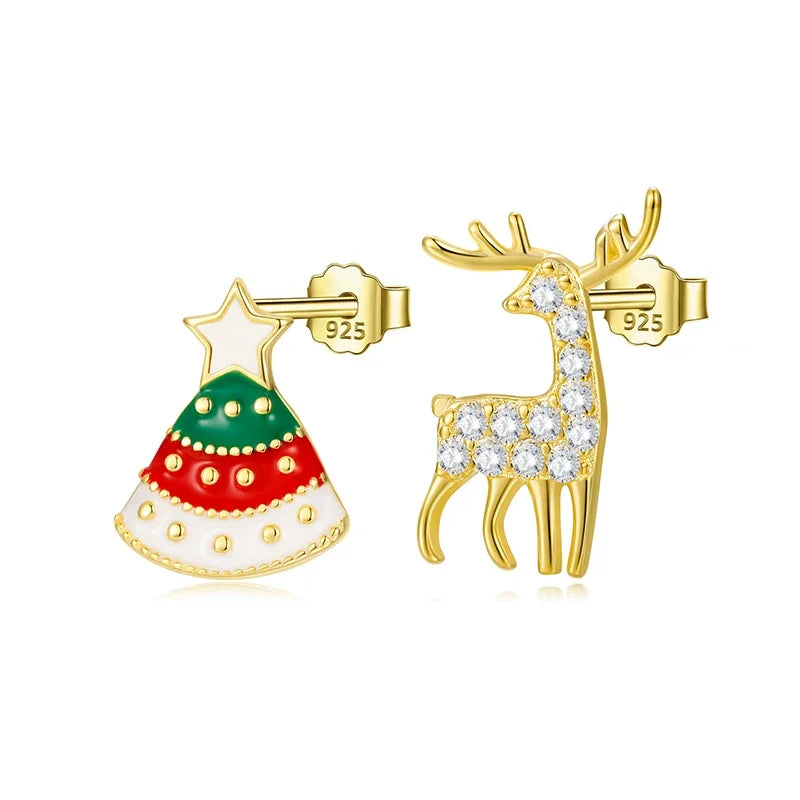 TrustDavis Real 925 Sterling Silver Asymmetric Christmas Trees Deer Stud Earrings For Women Christmas Presents Jewelry DS3363
