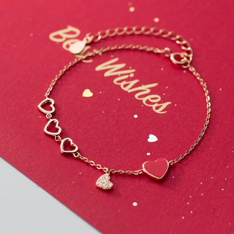 TrustDavis Genuine 925 Sterling Silver Sweet Hollow Love Red Heart CZ Bracelet Bangle For Women Sterling Silver Jewelry DA813