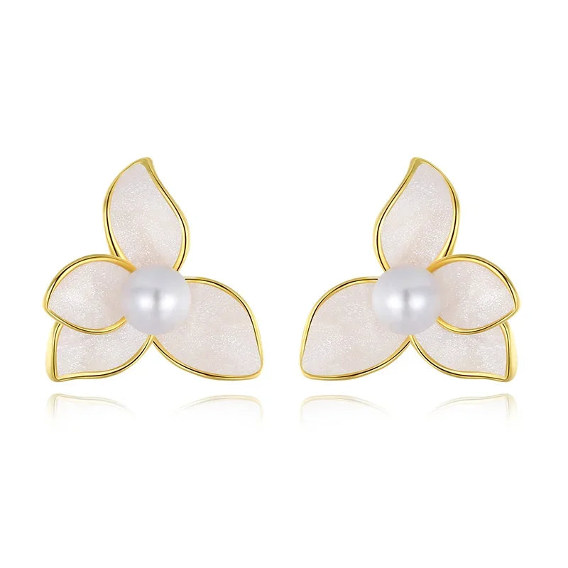 TrustDavis Real 925 Sterling Silver Sweet 18k Gold Flower Synthesis Pearl Stud Earrings For Fashion Women Gift Jewelry DE0316
