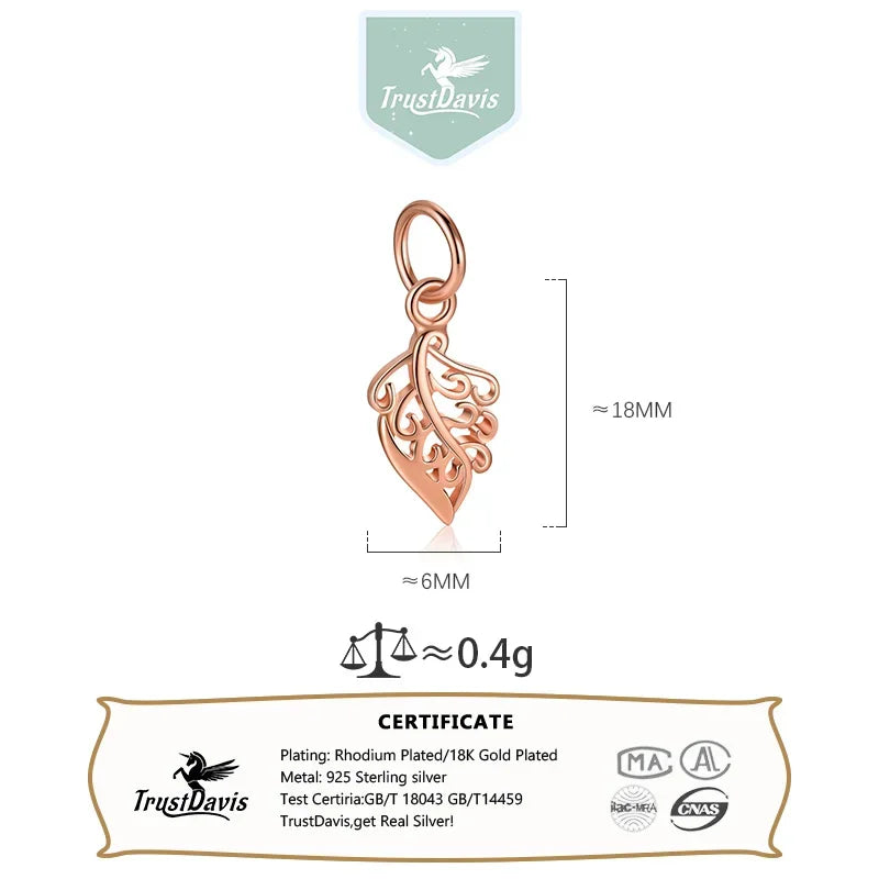 TrustDavis Real 925 Sterling Silver Cute Hollow Leaf Charm Pendant for Women Kids Handmade DIY Accessories Jewelry DH0048